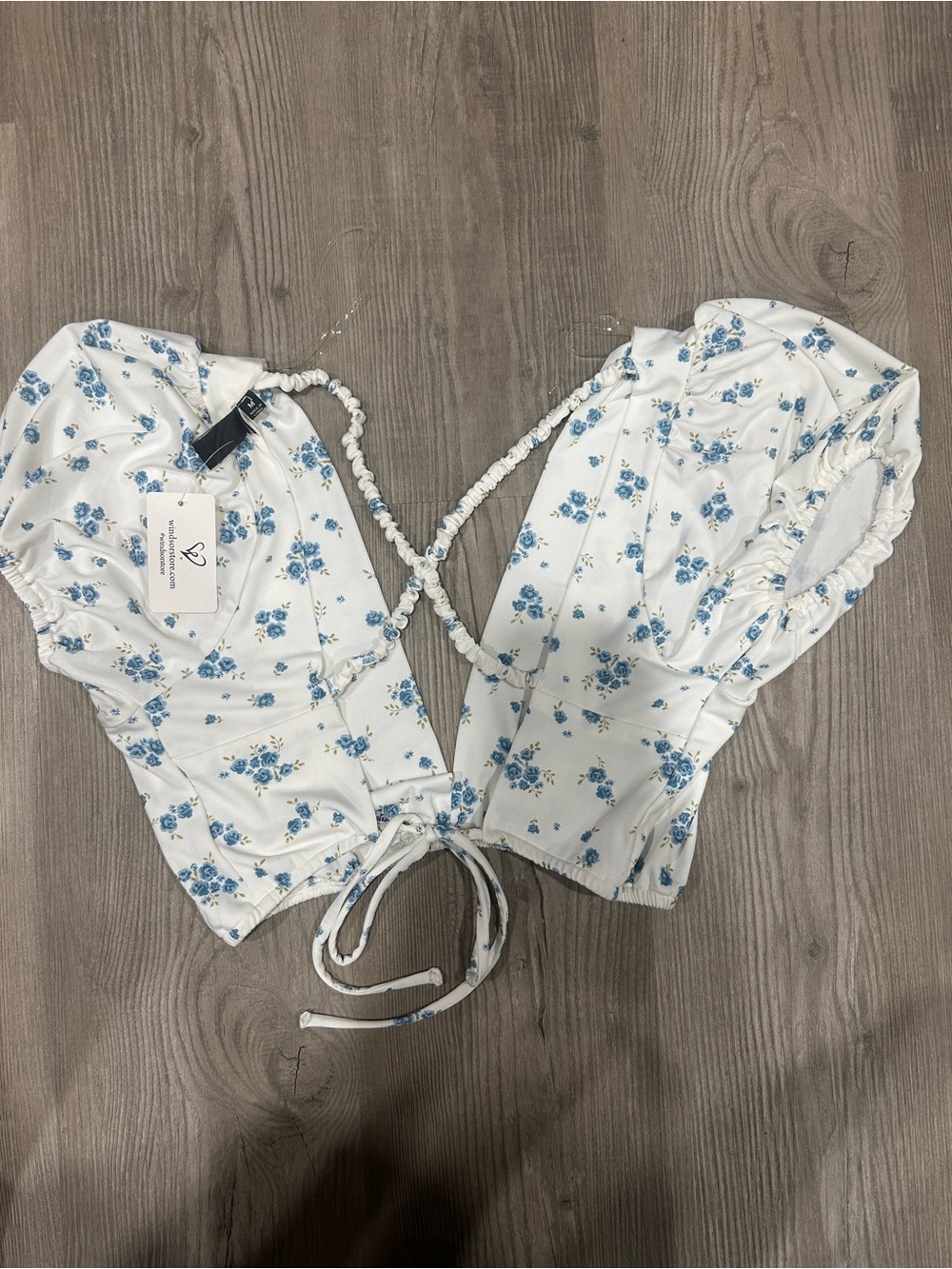 White Crop Top with Blue Floral Print